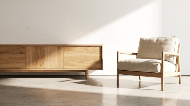 Bright minimalist living room with a low wooden sideboard and a cushioned chair. Bathed in daylight