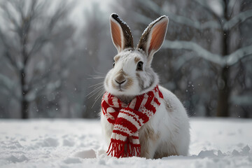 A rabbit wearing a peppermint-striped scarf on a snowy background