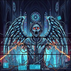 Angel with glowing red eyes standing in front of a futuristic cityscape