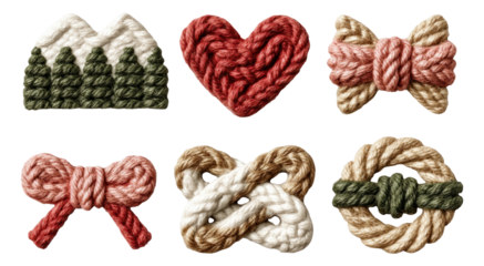 Braided Rope Illustrations of Love Knots and Heart Shapes on Transparent Background