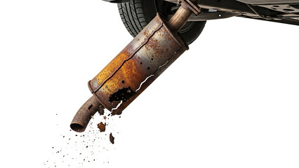 Rusty and broken car exhaust pipe hanging down from vehicle