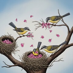 Birds perched on tree branches with nests containing eggs surrounded by falling petals