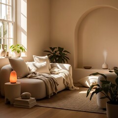 A serene bedroom scene with a comfortable bed, soft pillows, and warm lighting, surrounded by lush plants and a minimalist decor