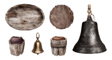 Rustic Folk Heritage Craft Set with Weathered Plates and Bells for Illustration