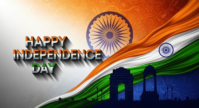Happy Independence Day India Celebration Patriotic Vector With Gate of India Monument & Ashoka Chakra