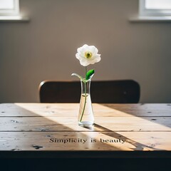 A white flower in a glass vase on a wooden table with a simple chair in the background
