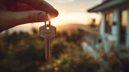 key showing key from new house rented leased purchased apartment, Moving house, relocation. New house, belongings and furniture. move in the apartment or condominium. New landlord, Becoming homeowner