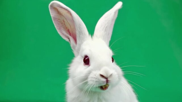 Close up of a fluffy white rabbit with red eyes on a bright green background, curious expression, full shot