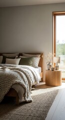 Serene bedroom scene with bed and nightstand by the window