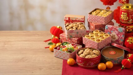 Assorted chinese new year sweets and pastry in decorative gift box arrangement on red table for traditional holiday celebration, copy space.