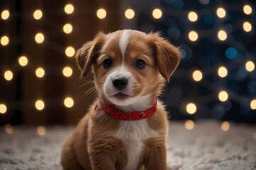 A small puppy with holiday bokeh lights behind it