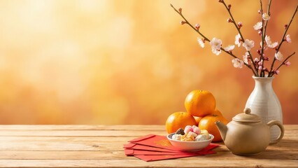 Still life with red envelopes, tangerine, and plum blossom for Chinese New Year background. Traditional lunar new year celebration with symbolic elements.