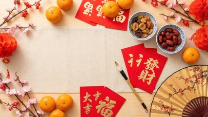 Obraz premium Lunar new year celebration flat lay with traditional chinese decorations, red envelopes, and tangerines on wooden table for festive greeting card