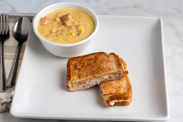chicken corn chowder  with tuna melt sandwich