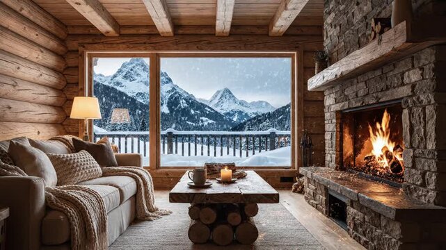 Cozy log cabin living room with roaring stone fireplace, snow-light window, wooden beams, warm glow