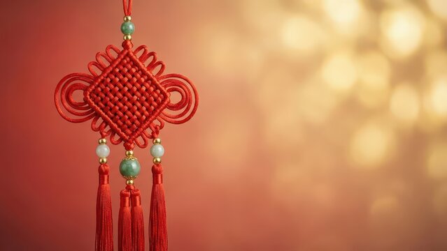 Traditional red chinese knot decoration with tassels and beads. Symbol of good fortune and prosperity for Lunar New Year and celebration.