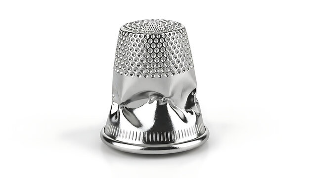 A silver thimble with intricate design and texture on a white background - Powered by Adobe