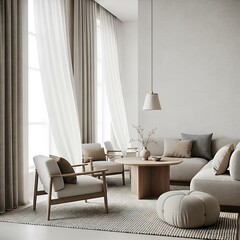 Modern Minimalist Living Room Interior with Neutral Tones and Natural Light.