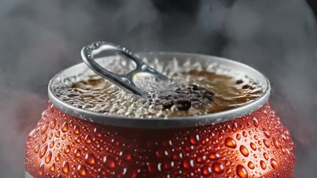 Close up of a cold soda can opening with refreshing mist and bubbles.