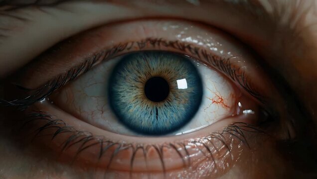 Dramatic 4K Ultra HD close up shot of an eye as it is rapidly swallowed by darkness where a vibrant reflection of blue and orange light can still be seen on the surface of the eye