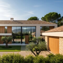 Modern luxury villa with large windows and lush landscaping.