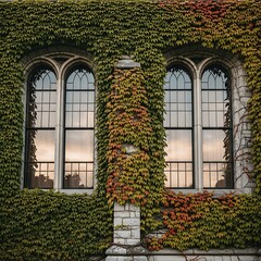Gothic Windows Covered in Autumn Ivy on an Old Stone Building.