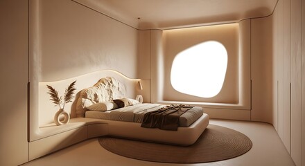 Modern Minimalist Bedroom with Organic Shaped Window and Soft Lighting.