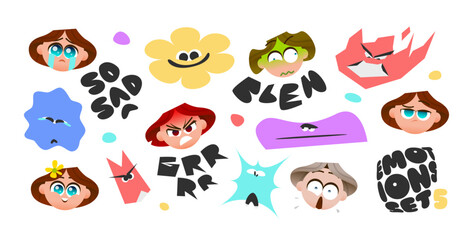 Baby Girl Emotions Sticker Set with Cute Facial Expressions, Abstract Mood Shapes and Text Labels Showing Sadness, Anger, Fear, Disgust and Calm Feelings for Creative Use