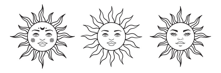 Mystical sun face with celestial rays in vintage boho style. Vector illustration perfect for esoteric tarot designs, astrology symbols, and retro magic-themed graphics. Vector illustration