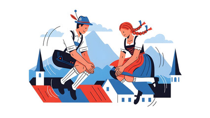 Illustration Depicting Two Performers in Authentic Bavarian Folk Clothing Executing the Energetic Schuhplattler Dance, Expressing Rhythm, Motion, Tradition, and Lively Alpine Cultural Spirit