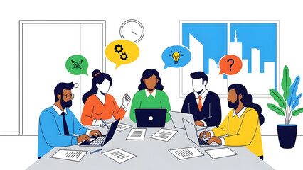 Modern Flat Design Illustration Portraying a Diverse Business Team Collaborating in a Focused Brainstorming Session, Expressing Innovation, Strategy, Communication, and Productive Workplace Creativity