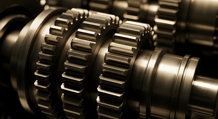 Close-up view of metallic gears in industrial machinery  