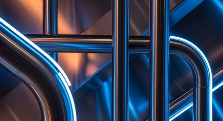Abstract metal pipes with blue and orange neon illumination  