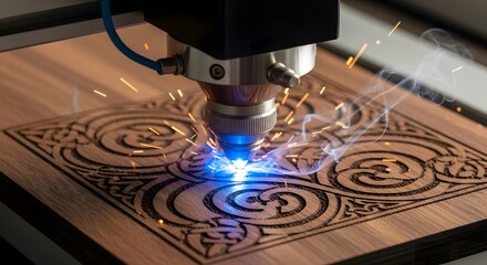 Laser engraving machine creating intricate patterns on wood panel  