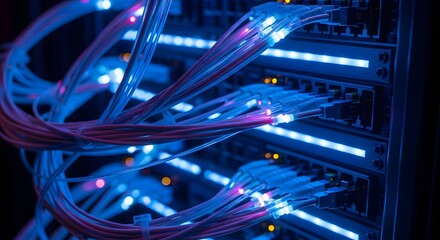 Network server cables illuminated with blue lights in data center