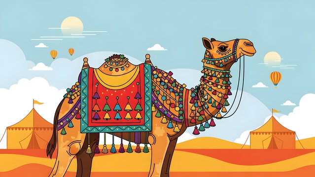 Adorned Pushkar camel fair modern flat design illustration celebrating vibrant desert heritage through traditional ornamentation and cultural festivity in a refined contemporary visual