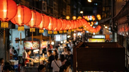 Obraz premium Traditional red chinese lantern hanging at night street market. Festive decoration for Lunar New Year celebration in Asia. Cultural event.