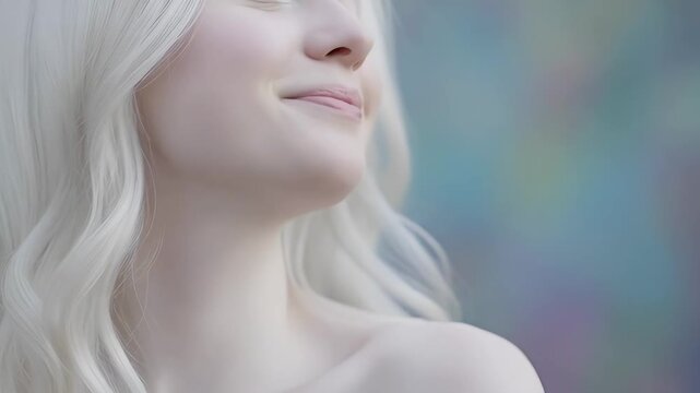 A beautiful young albino woman showing a range of emotions from pensive to surprised and happy. Portrait collage demonstrating emotional transformation and unique beauty