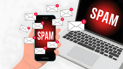 Hand holding smartphone with spam emails on screen and laptop