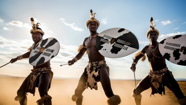 Three African men in warrior attire with spears and shields running in dusty desert during golden hour, tribal heritage concept