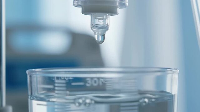 Precise Liquid Droplet Falling into Beaker in Scientific Laboratory Setting.