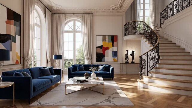 Sunlit living room with blue velvet sofas, marble coffee table, curved staircase, abstract art,decor