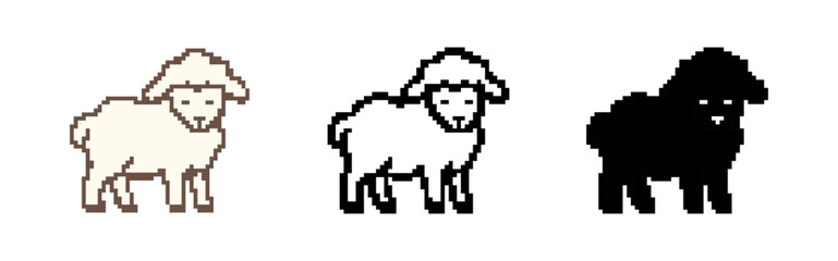 Charming pixel art sheep icon set in three styles: colored, outline, and silhouette. Perfect for retro games, farm themes, or nostalgic digital projects.