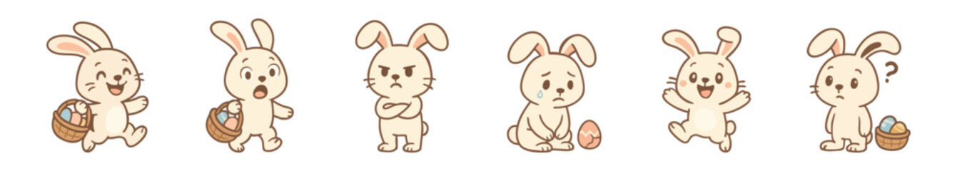 Cute cartoon Easter bunnies expressing various emotions like happiness, surprise, anger, sadness, excitement, and confusion, some with egg baskets.
