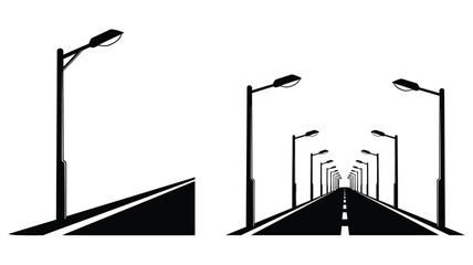 Obraz premium A vanishing point road with street lamps a striking black silhouette