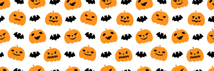 Halloween seamless pattern with cute cartoon pumpkins and spooky bats. Perfect autumn wallpaper featuring happy jack-o-lantern faces and festive Halloween decorations.
