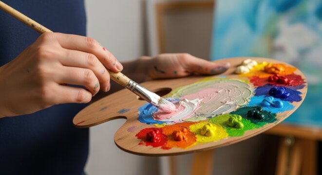 A person uses a paintbrush to mix colors on a wooden palette, showcasing a collection of vibrant, mixed paints and the art supplies utilized for a painting session, capturing the essence of artistic - Powered by Adobe