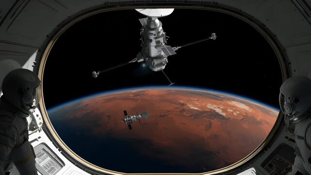 Composite sequence showing a spacecraft docking with a space station in orbit over mars. An astronaut inside a cockpit watches the complex orbital maneuver unfold