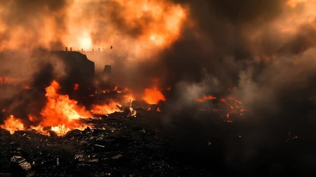 Soldier walks through a city on fire during modern war. military themed video for patriotic holidays.