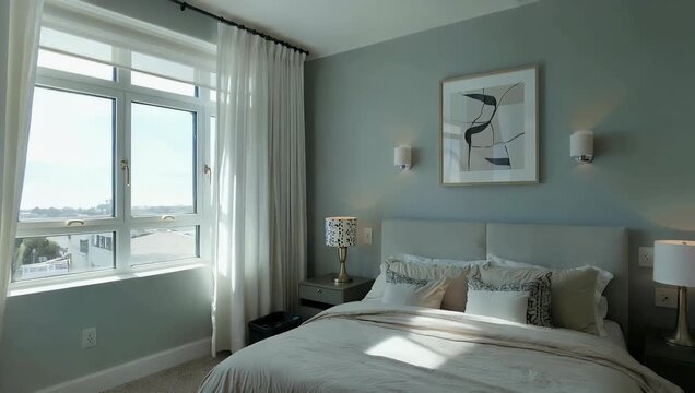 Interior 4K video showcasing a minimalist bedroom design with expansive large windows that allow an abundance of natural light to flood the room demonstrating professional home house interior styling